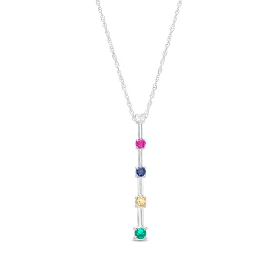 Mother's Simulated Gemstone Graduated Stick Drop Pendant in Sterling Silver (5 Stones)