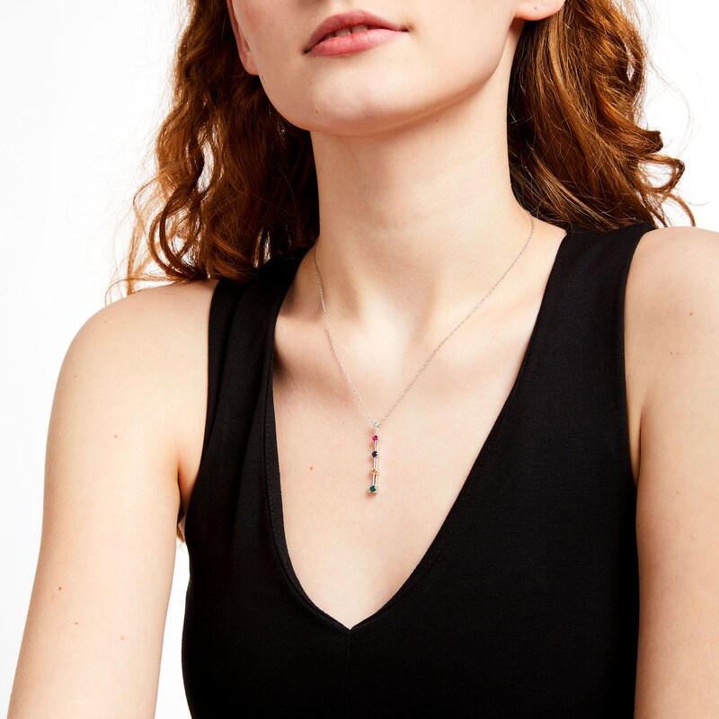 Mother's Simulated Gemstone Graduated Stick Drop Pendant in Sterling Silver (5 Stones)