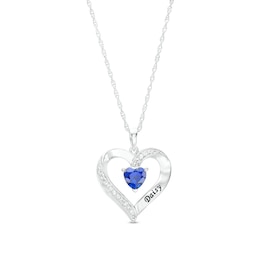 6.0mm Simulated Gemstone and White Lab-Created Sapphire Engravable Heart Pendant in Sterling Silver (1 Stone and Line)