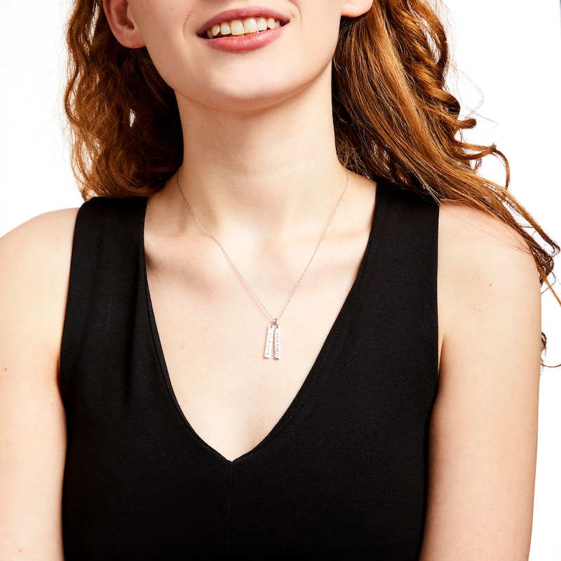 Main Image 2 of Couple's Simulated Gemstone Engravable Vertical Bar Charms Pendant in Sterling Silver (2 Stones and 2 Lines)
