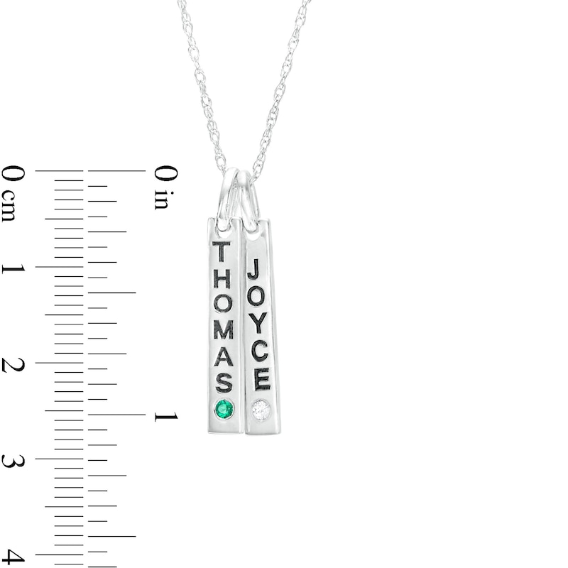 Main Image 3 of Couple's Simulated Gemstone Engravable Vertical Bar Charms Pendant in Sterling Silver (2 Stones and 2 Lines)