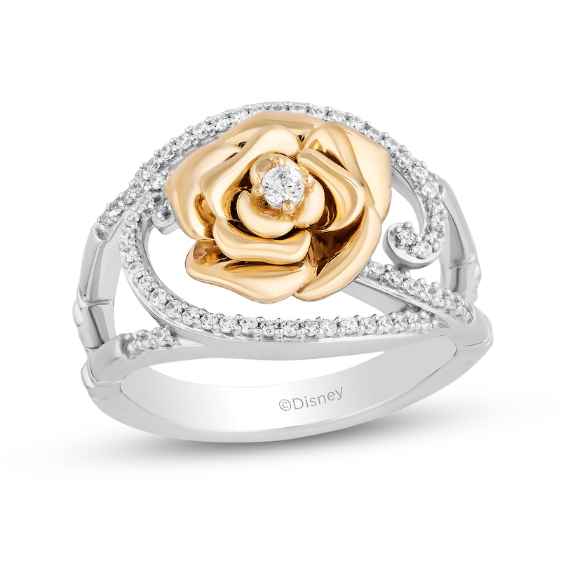 Main Image 1 of Enchanted Disney Belle 0.23 CT. T.W. Diamond Bypass Rose Split Shank Ring in Sterling Silver and 10K Gold