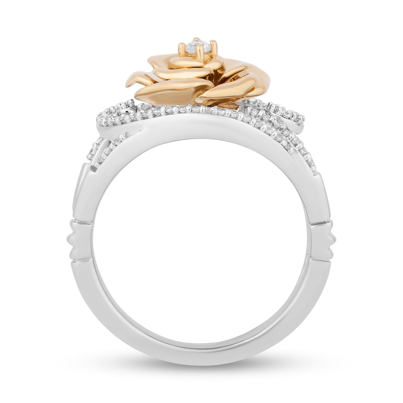 Main Image 3 of Enchanted Disney Belle 0.23 CT. T.W. Diamond Bypass Rose Split Shank Ring in Sterling Silver and 10K Gold