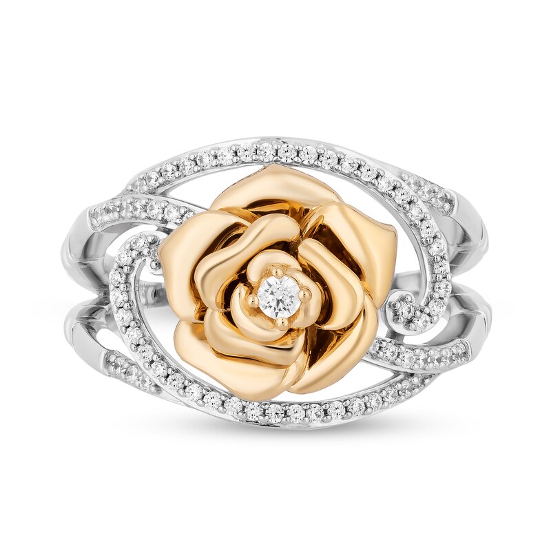 Main Image 4 of Enchanted Disney Belle 0.23 CT. T.W. Diamond Bypass Rose Split Shank Ring in Sterling Silver and 10K Gold