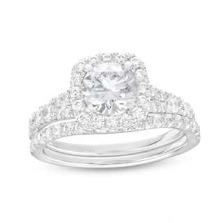 1.80 CT. T.W. Certified Lab-Grown Diamond Cushion Frame Split Shank Bridal Set in 14K White Gold (F/SI2)