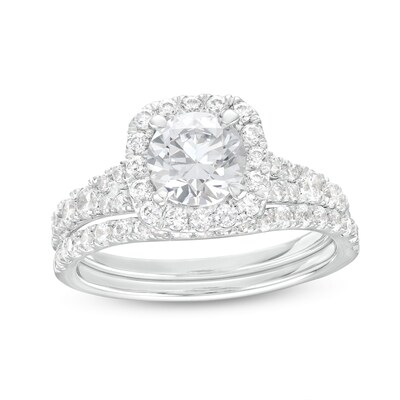 1.80 CT. T.W. Certified Lab-Grown Diamond Cushion Frame Split Shank Bridal Set in 14K White Gold (F/SI2)