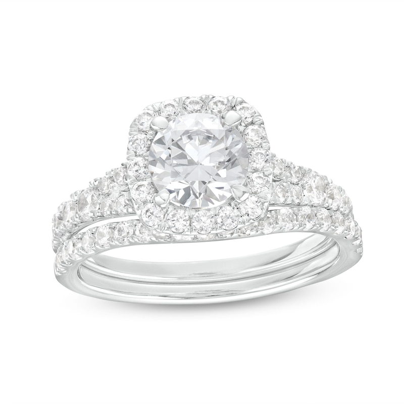 1.80 CT. T.W. Certified Lab-Grown Diamond Cushion Frame Split Shank Bridal Set in 14K White Gold (F/SI2)