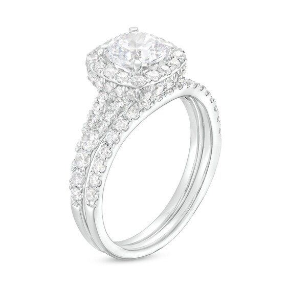 1.80 CT. T.W. Certified Lab-Grown Diamond Cushion Frame Split Shank Bridal Set in 14K White Gold (F/SI2)