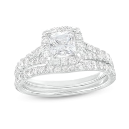 1.80 CT. T.W. Certified Princess-Cut Lab-Grown Diamond Cushion Frame Split Shank Bridal Set in 14K White Gold (F/SI2)