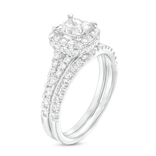 1.80 CT. T.W. Certified Princess-Cut Lab-Created Diamond Cushion Frame Split Shank Bridal Set in 14K White Gold (F/SI2)