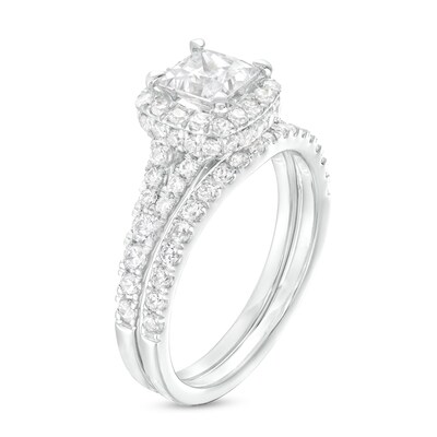 1.80 CT. T.W. Certified Princess-Cut Lab-Created Diamond Cushion Frame Split Shank Bridal Set in 14K White Gold (F/SI2)