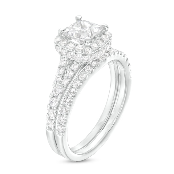 1.80 CT. T.W. Certified Princess-Cut Lab-Created Diamond Cushion Frame Split Shank Bridal Set in 14K White Gold (F/SI2)