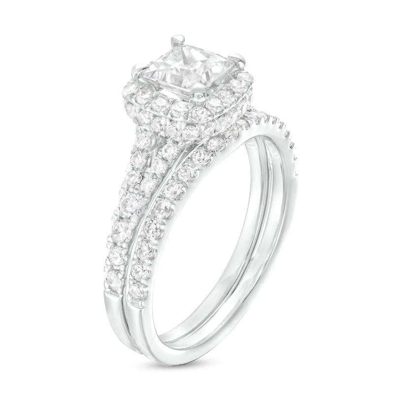 1.80 CT. T.W. Certified Princess-Cut Lab-Created Diamond Cushion Frame Split Shank Bridal Set in 14K White Gold (F/SI2)