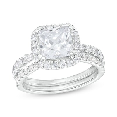 2.80 CT. T.W. Certified Princess-Cut Lab-Grown Diamond Cushion Frame Bridal Set in 14K White Gold (F/SI2)