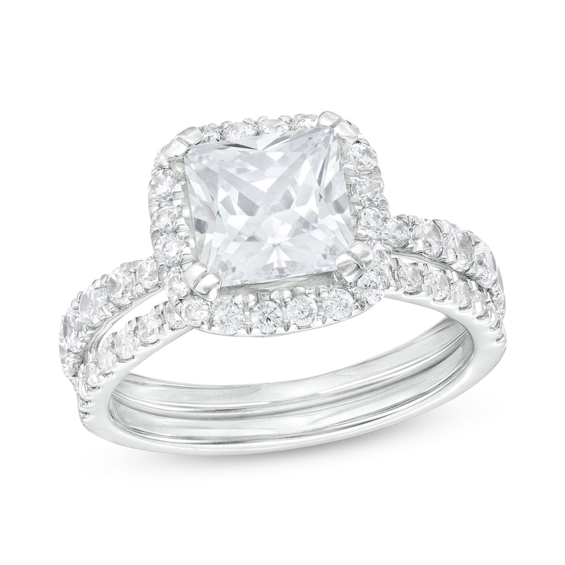 2.80 CT. T.W. Certified Princess-Cut Lab-Created Diamond Cushion Frame Bridal Set in 14K White Gold (F/SI2)|Peoples Jewellers