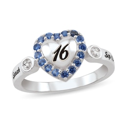 Simulated Gemstone Frame and Diamond Accent Engravable Script "Sweet 16" Puff Heart Ring (1 Stone and 1-2 Lines)