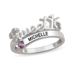 Gemstone Cursive "Sweet 16" Engravable Block Bypass Ring (1 Stone and 1 Line)