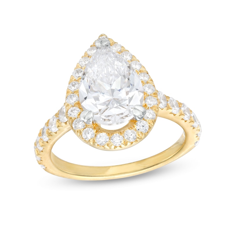Main Image 1 of 4.00 CT. T.W. Certified Pear-Shaped Lab-Grown Diamond Frame Engagement Ring in 14K Gold (F/SI2)