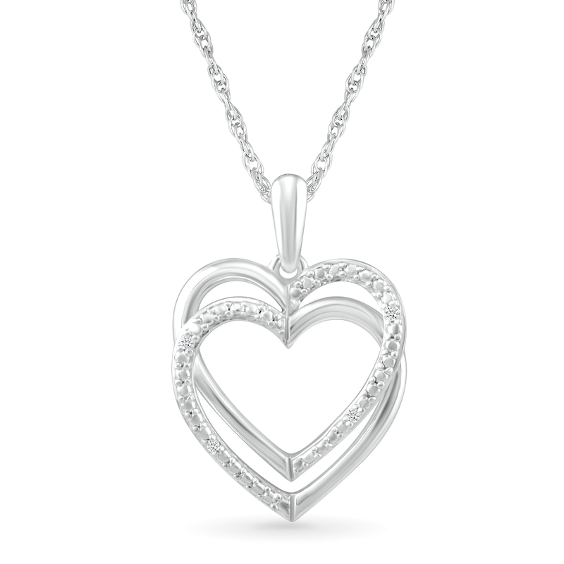 Diamond Accent Beaded Layered Interlocking Hearts Drop Pendant in Sterling Silver