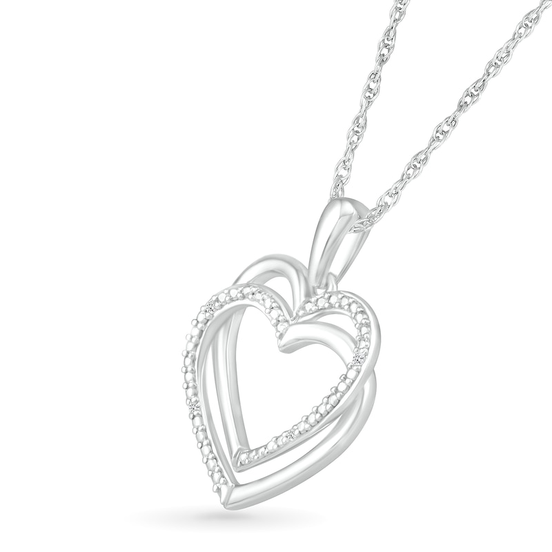 Diamond Accent Beaded Layered Interlocking Hearts Drop Pendant in Sterling Silver