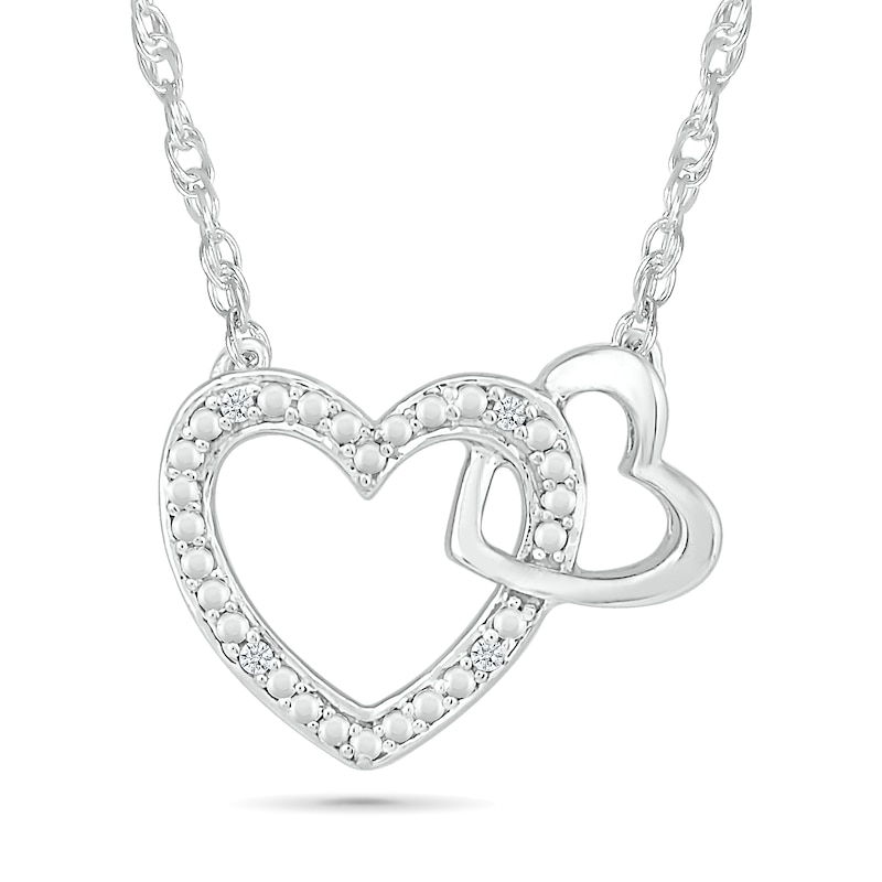 Diamond Accent Beaded Large and Small Interlocking Hearts Necklace in Sterling Silver - 17.5"|Peoples Jewellers