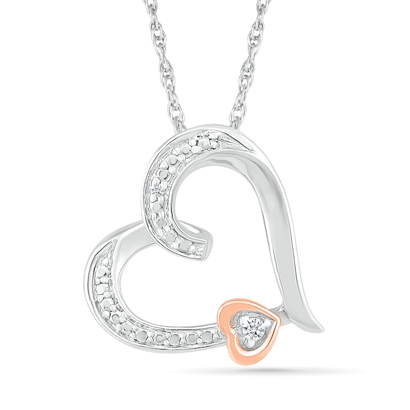 Diamond Accent Beaded Offset Double Tilted Loop Heart Pendant in Sterling Silver and 14K Rose Gold Plate|Peoples Jewellers