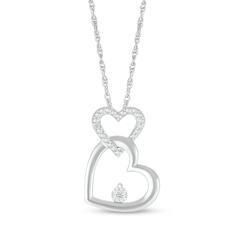 Diamond Accent Beaded Double Interlocking Tilted Heart Outline Pendant in Sterling Silver|Peoples Jewellers