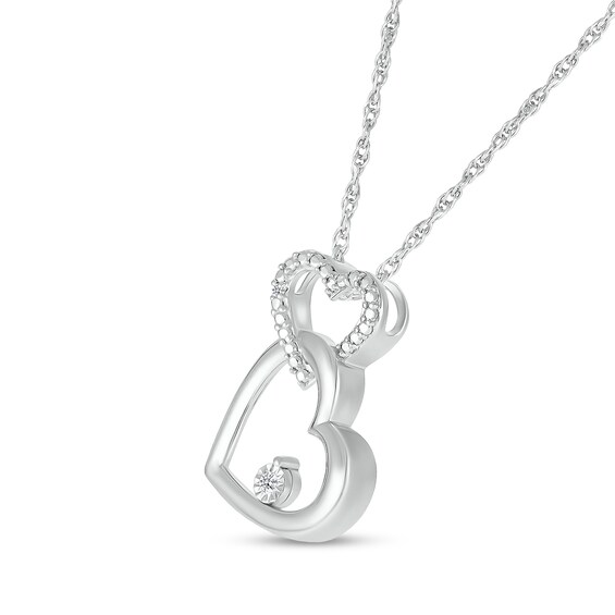 Diamond Accent Beaded Double Interlocking Tilted Heart Outline Pendant in Sterling Silver