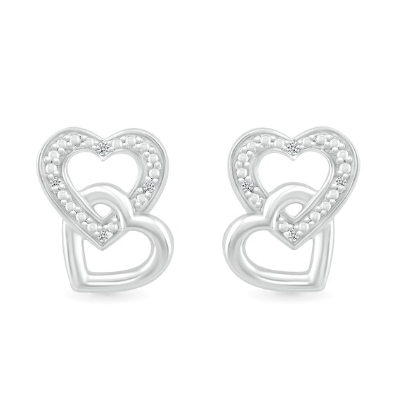 Diamond Accent Beaded Interlocking Tilted Heart Stud Earrings in Sterling Silver