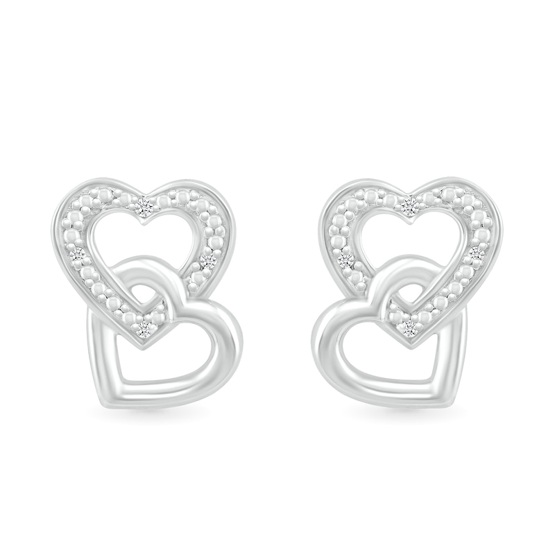 Diamond Accent Beaded Interlocking Tilted Heart Stud Earrings in Sterling Silver