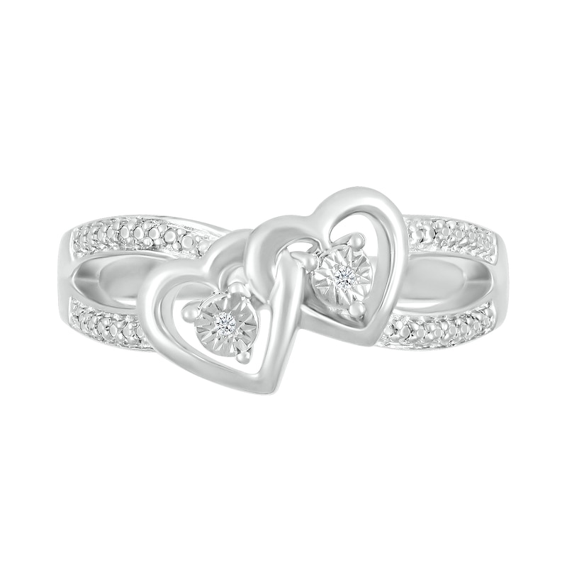 Main Image 2 of Diamond Accent Beaded Tilted Interlocking Hearts Split Shank Ring in Sterling Silver