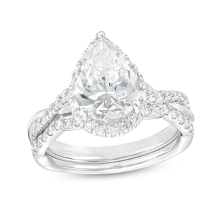 2.50 CT. T.W. Certified Pear-Shaped Lab-Grown Diamond Frame Crossover Split Shank Bridal Set in 14K White Gold (F/SI2)