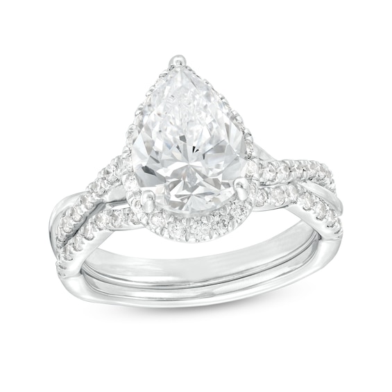 2.50 CT. T.W. Certified Pear-Shaped Lab-Grown Diamond Frame Crossover Split Shank Bridal Set in 14K White Gold (F/SI2)