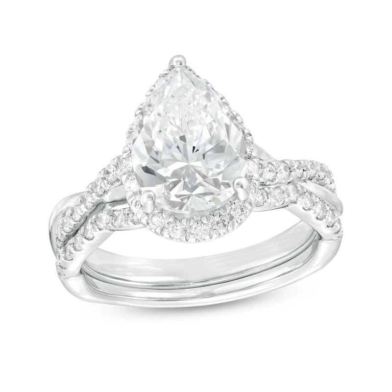 2.50 CT. T.W. Certified Pear-Shaped Lab-Grown Diamond Frame Crossover Split Shank Bridal Set in 14K White Gold (F/SI2)