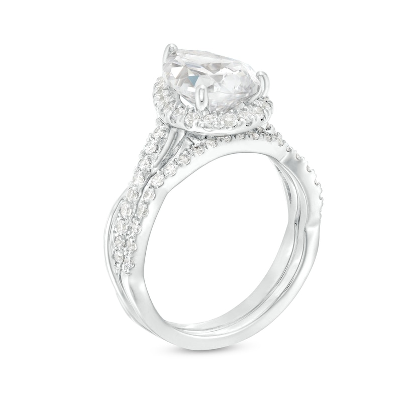 2.50 CT. T.W. Certified Pear-Shaped Lab-Grown Diamond Frame Crossover Split Shank Bridal Set in 14K White Gold (F/SI2)