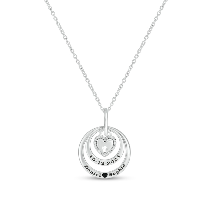 0.085 CT. T.W. Diamond Engravable Double Circle with Heart Lock Pendant in Sterling Silver (1-2 Lines)