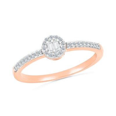 0.145 CT. T.W. Baguette and Round Diamond Frame Two Stone Promise Ring in 10K Rose Gold