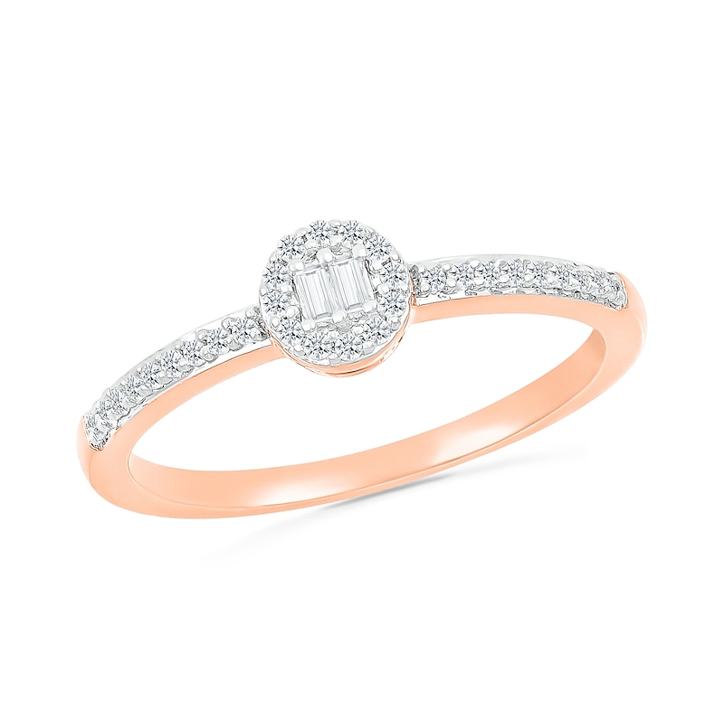 Main Image 1 of 0.145 CT. T.W. Baguette and Round Diamond Frame Two Stone Promise Ring in 10K Rose Gold