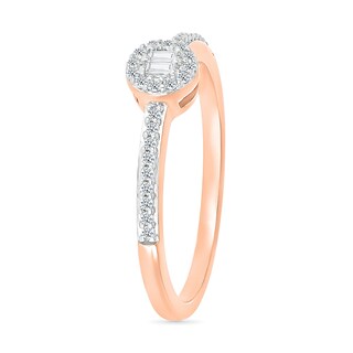 0.145 CT. T.W. Baguette and Round Diamond Frame Two Stone Promise Ring in 10K Rose Gold