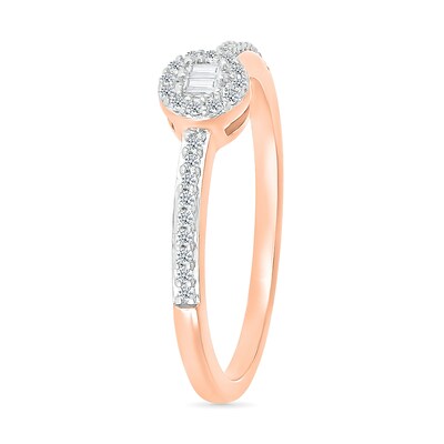 0.145 CT. T.W. Baguette and Round Diamond Frame Two Stone Promise Ring in 10K Rose Gold