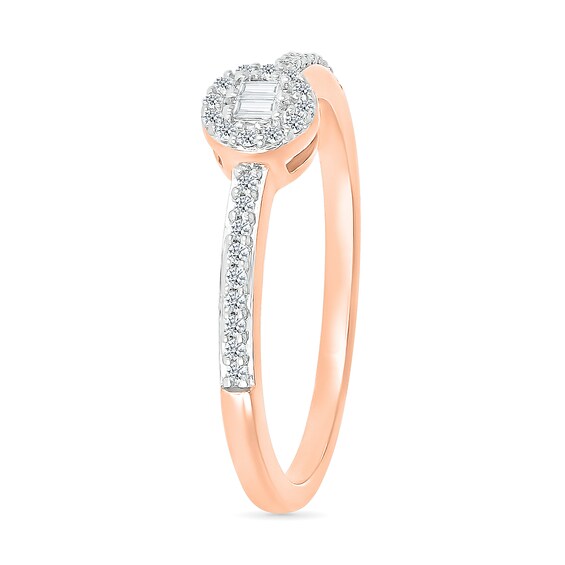 0.145 CT. T.W. Baguette and Round Diamond Frame Two Stone Promise Ring in 10K Rose Gold