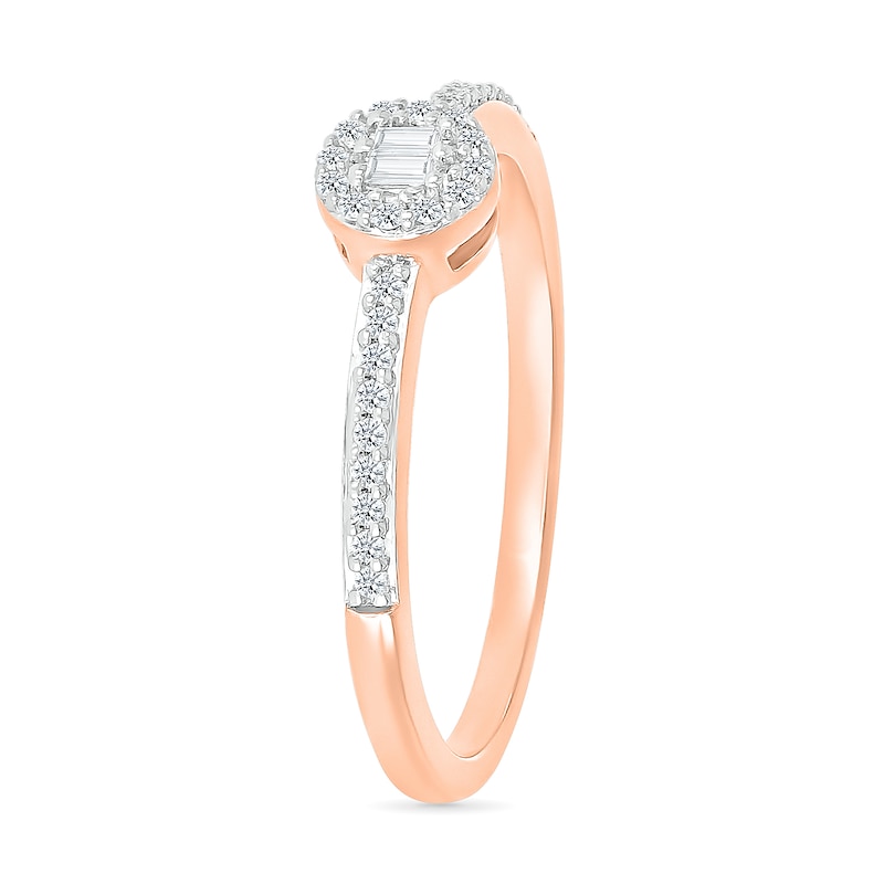 Main Image 2 of 0.145 CT. T.W. Baguette and Round Diamond Frame Two Stone Promise Ring in 10K Rose Gold
