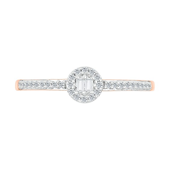 0.145 CT. T.W. Baguette and Round Diamond Frame Two Stone Promise Ring in 10K Rose Gold