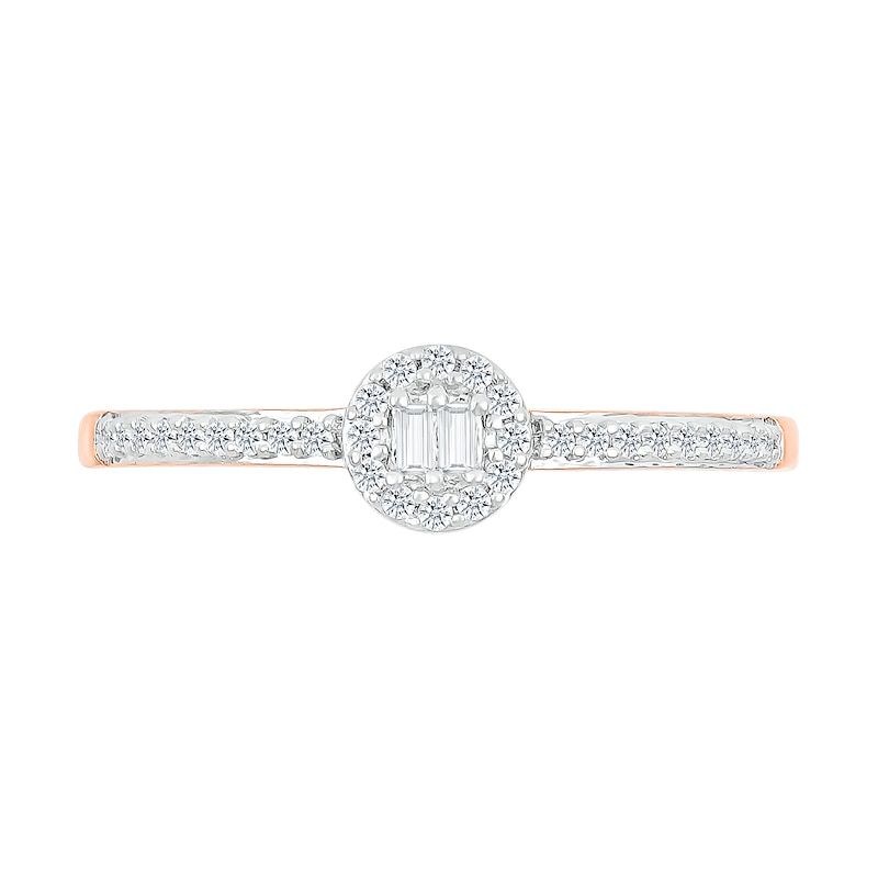 Main Image 3 of 0.145 CT. T.W. Baguette and Round Diamond Frame Two Stone Promise Ring in 10K Rose Gold