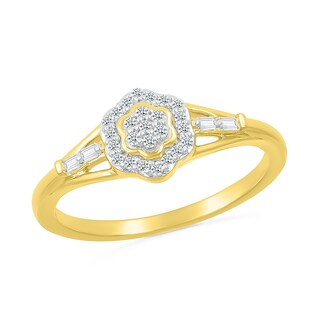 0.115 CT. T.W. Baguette and Round Diamond Flower Frame Promise Ring in 10K Gold