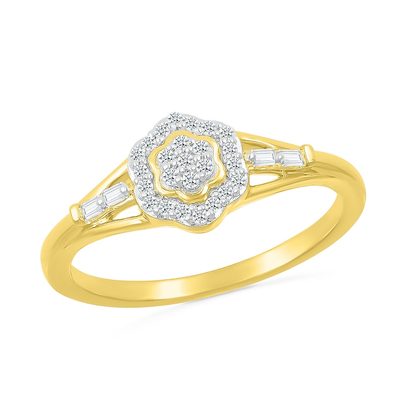 0.115 CT. T.W. Baguette and Round Diamond Flower Frame Promise Ring in 10K Gold