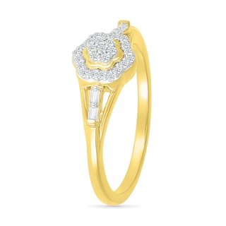 0.115 CT. T.W. Baguette and Round Diamond Flower Frame Promise Ring in 10K Gold
