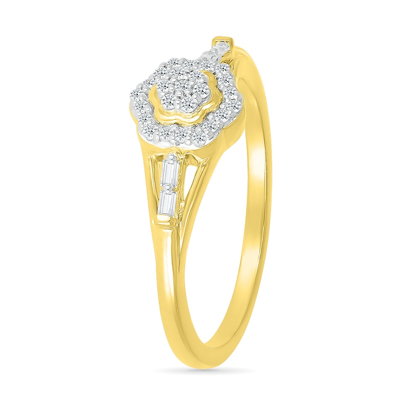 0.115 CT. T.W. Baguette and Round Diamond Flower Frame Promise Ring in 10K Gold