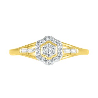 0.115 CT. T.W. Baguette and Round Diamond Flower Frame Promise Ring in 10K Gold