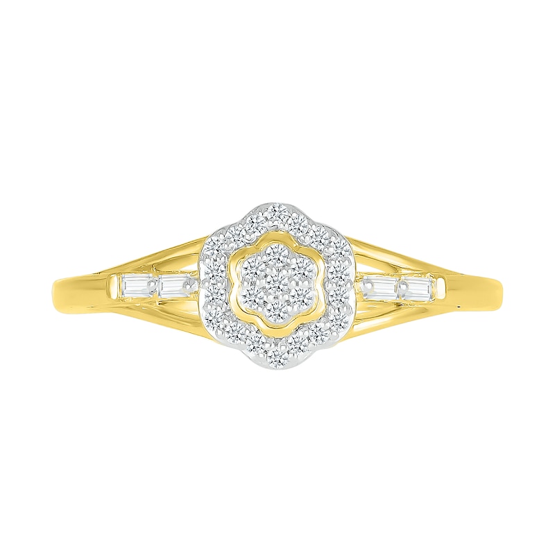 0.115 CT. T.W. Baguette and Round Diamond Flower Frame Promise Ring in 10K Gold